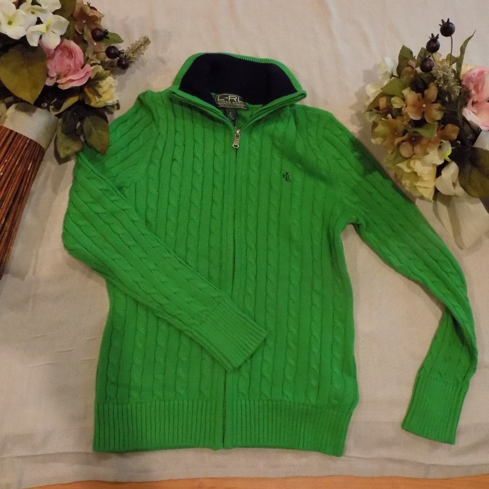 Lauren by Ralph Lauren green cable knit 100% cotton zipper jacket